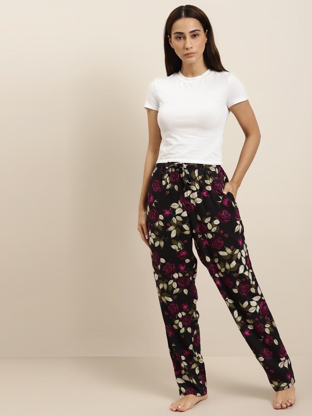 Women Black-Pink Prints Viscose Rayon Relaxed Fit Casual Lounge Pant