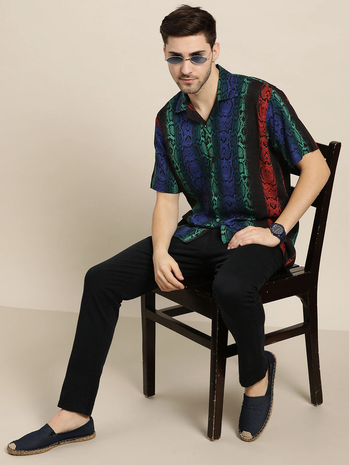 Men Black & Green Printed Viscose Rayon Relaxed Fit Casual Resort Shirt