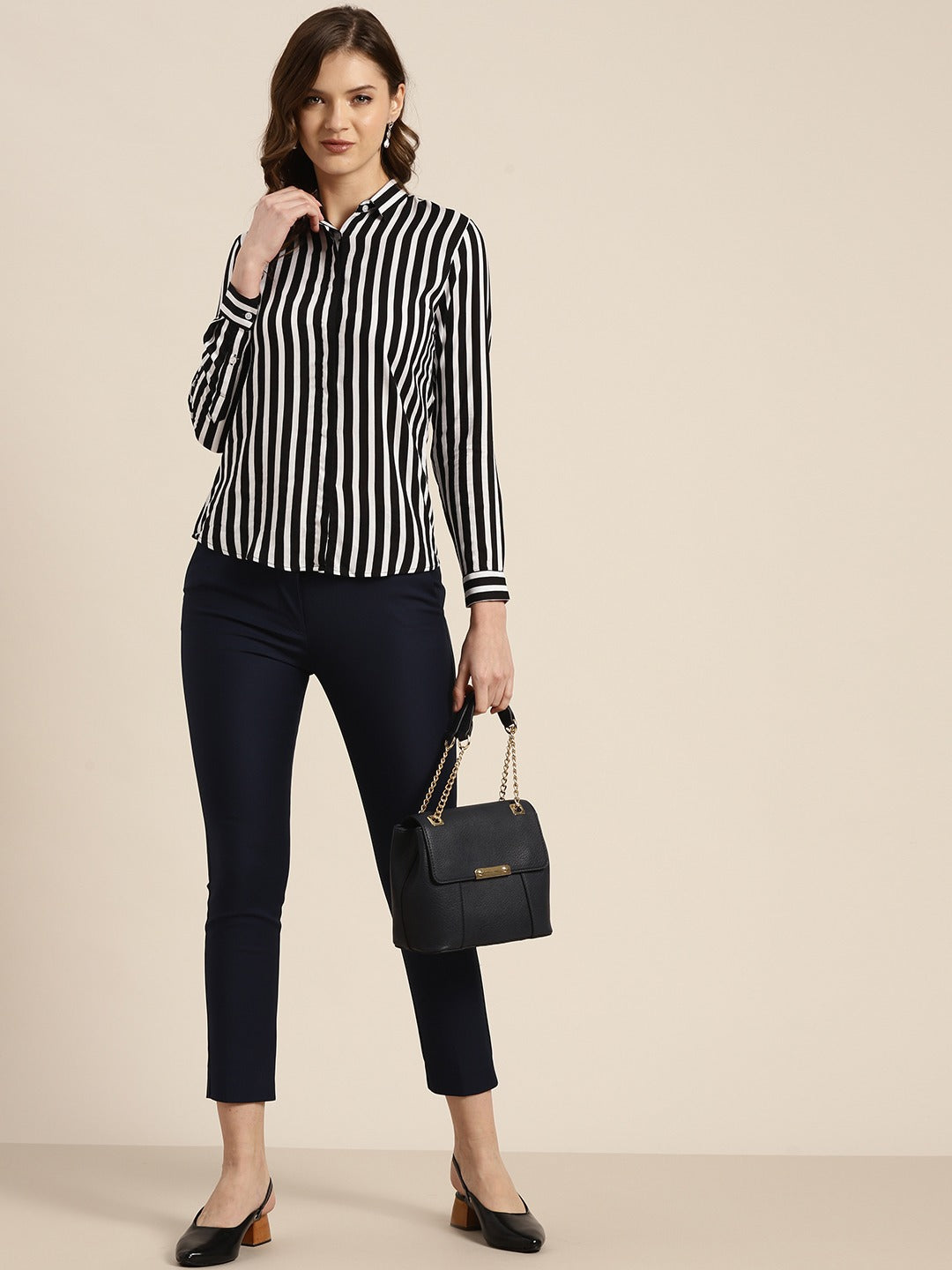 Women Black & White Stripes Viscose Rayon Slim Fit Formal Shirt