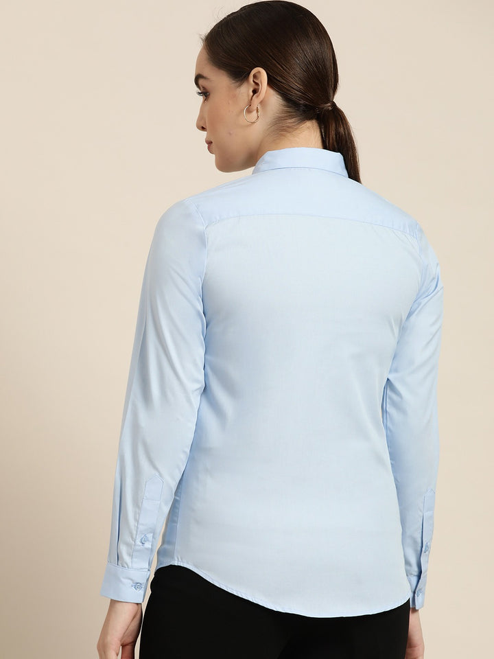 Women Sky Blue Solid Pure Cotton Slim Fit Formal Shirt