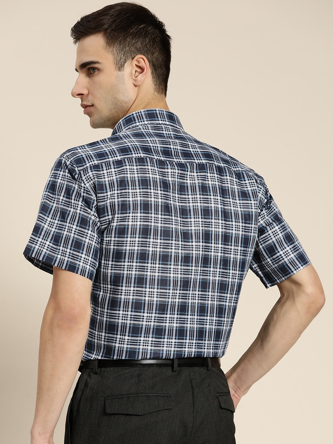 Men Navy Checks Pure Linen Slim Fit Formal Shirt
