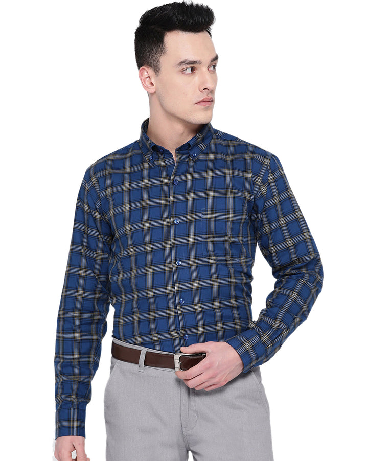 Men Blue Cotton Checked Slim Fit Formal Shirt