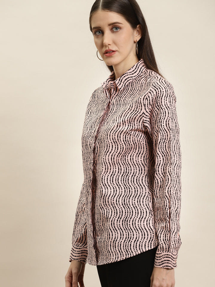 Women Pink & Black Prints Pure Cotton Slim Fit Formal Shirt