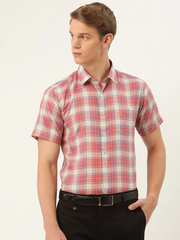 Men Beige & Red Stripes Pure Cotton Slim Fit Formal Shirt