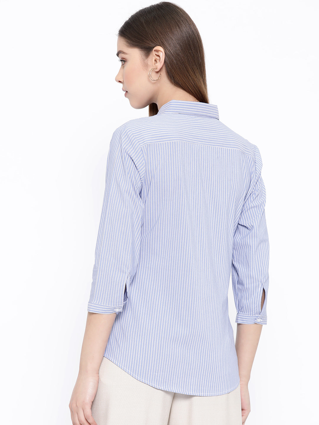 Women Sky Blue Pure Cotton Striped Slim Fit Formal Shirt