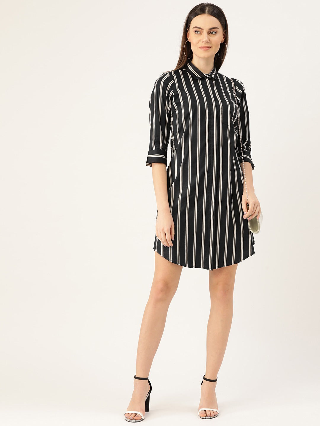 Women Black & Grey Stripes Pure Cotton Regular Fit Formal Dress