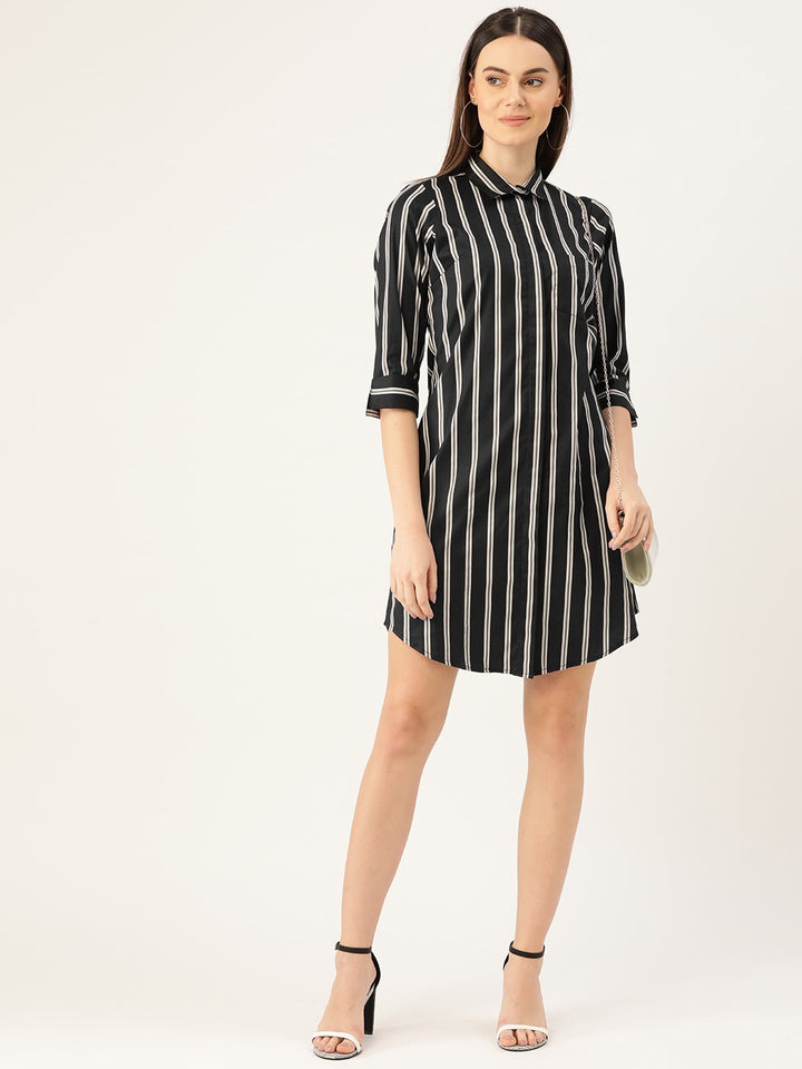 Women Black & Grey Stripes Pure Cotton Regular Fit Formal Dress