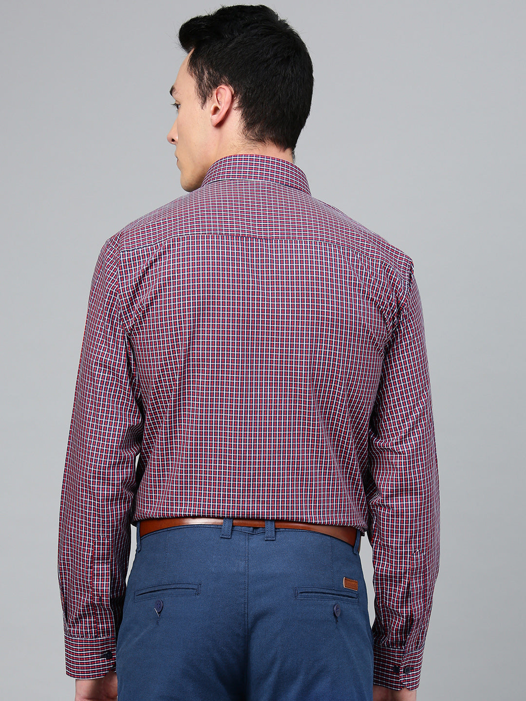 Men Navy & Red Pure Cotton Checked Slim Fit Formal Shirt