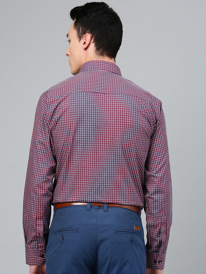 Men Navy & Red Pure Cotton Checked Slim Fit Formal Shirt