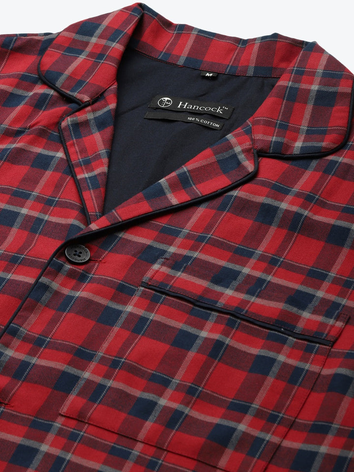 Men Red & Navy Checks Pure Cotton Regular Fit Night Wear Night Suit