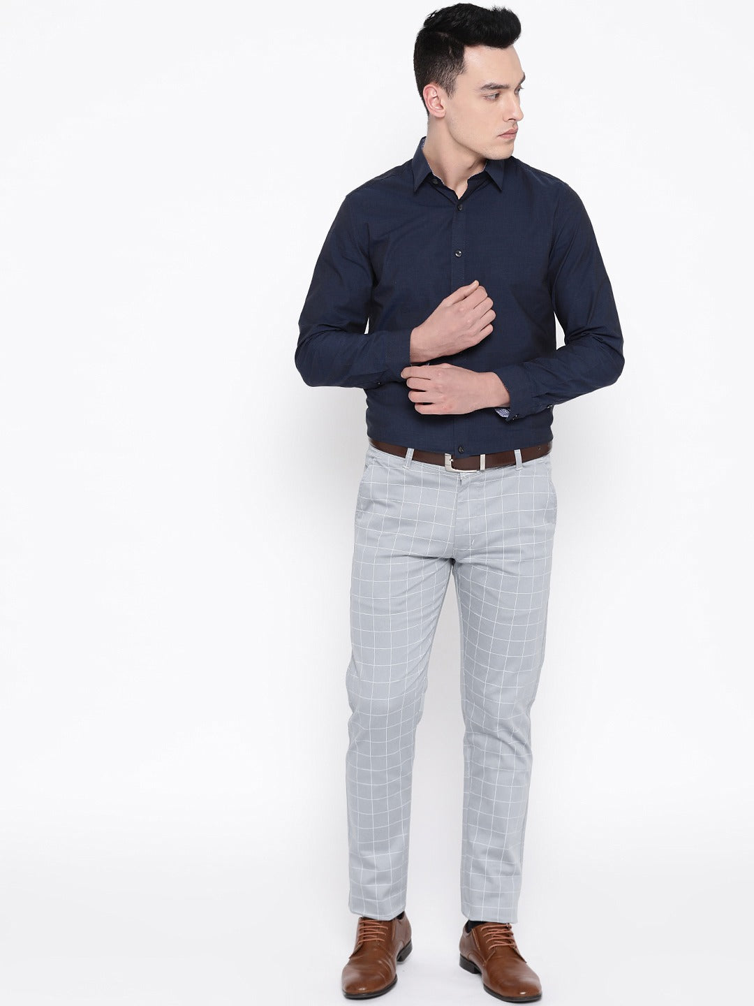 Men Light Grey Checked Cotton Stretch Slim Fit Formal Trouser