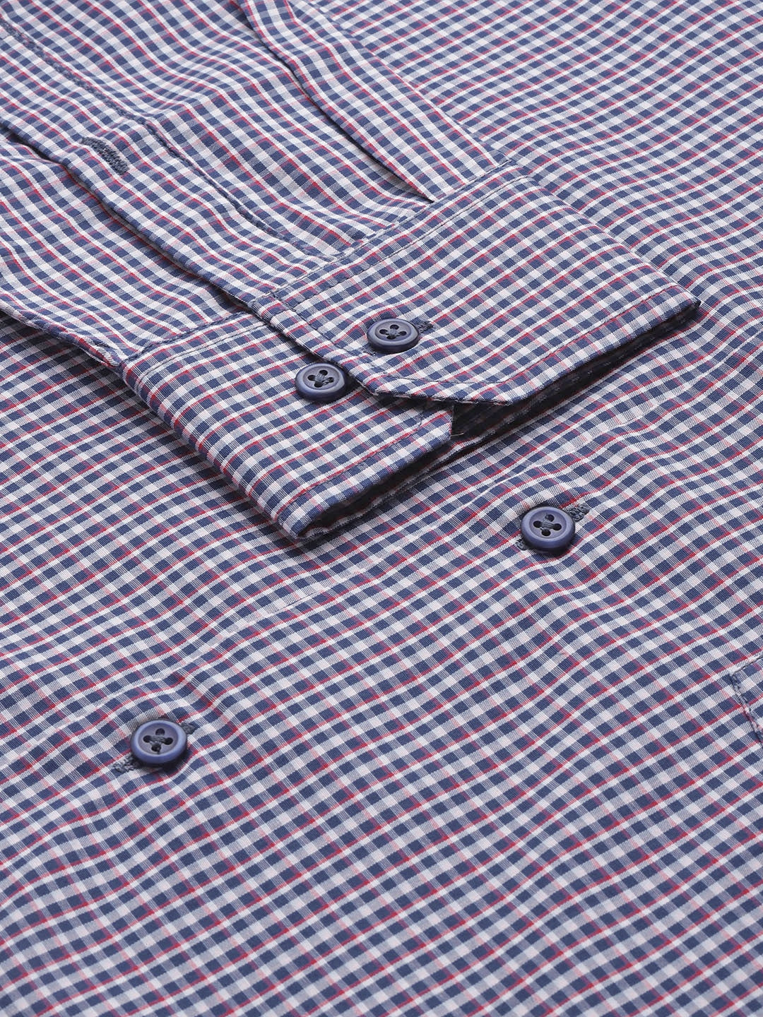 Men Navy & White Checks Pure Cotton Slim Fit Formal Shirt