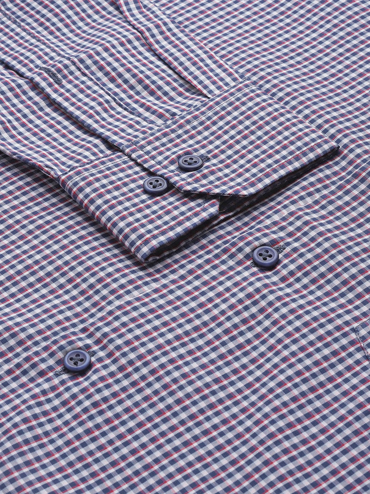 Men Navy & White Checks Pure Cotton Slim Fit Formal Shirt