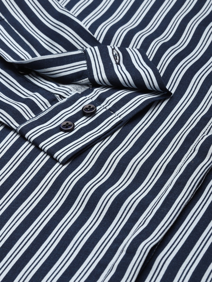 Women Navy & Sky Stripes Pure Cotton Slim Fit Formal Shirt