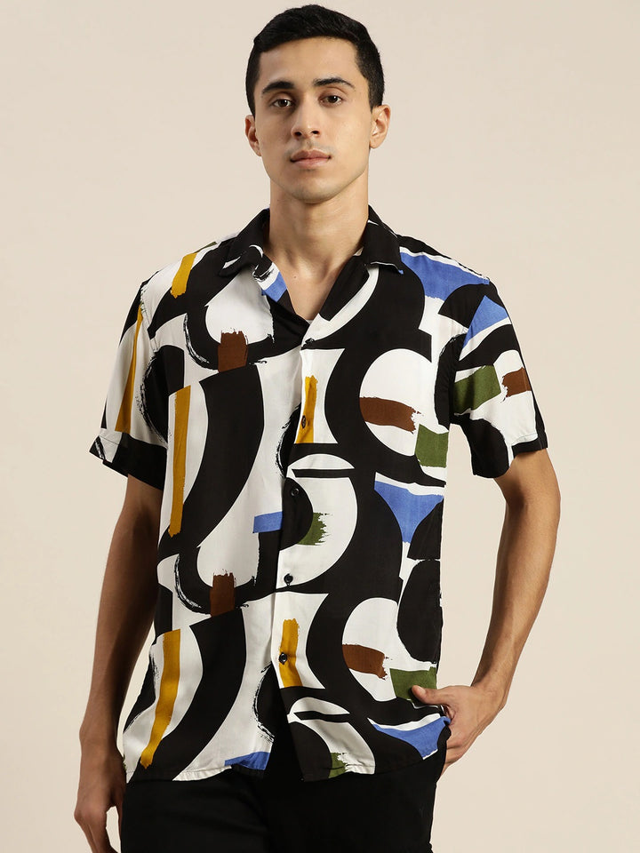Men White & Black Prints Viscose Rayon Relaxed Fit Casual Resort Shirt