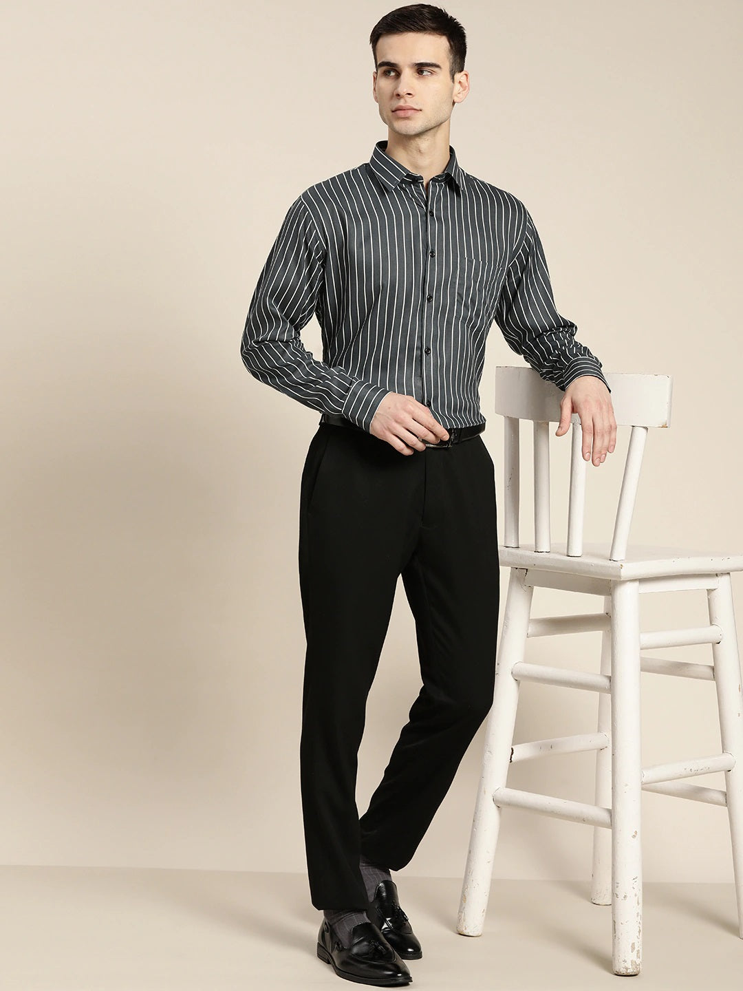 Men Grey Striped Pure Cotton Slim Fit Formal Shirt