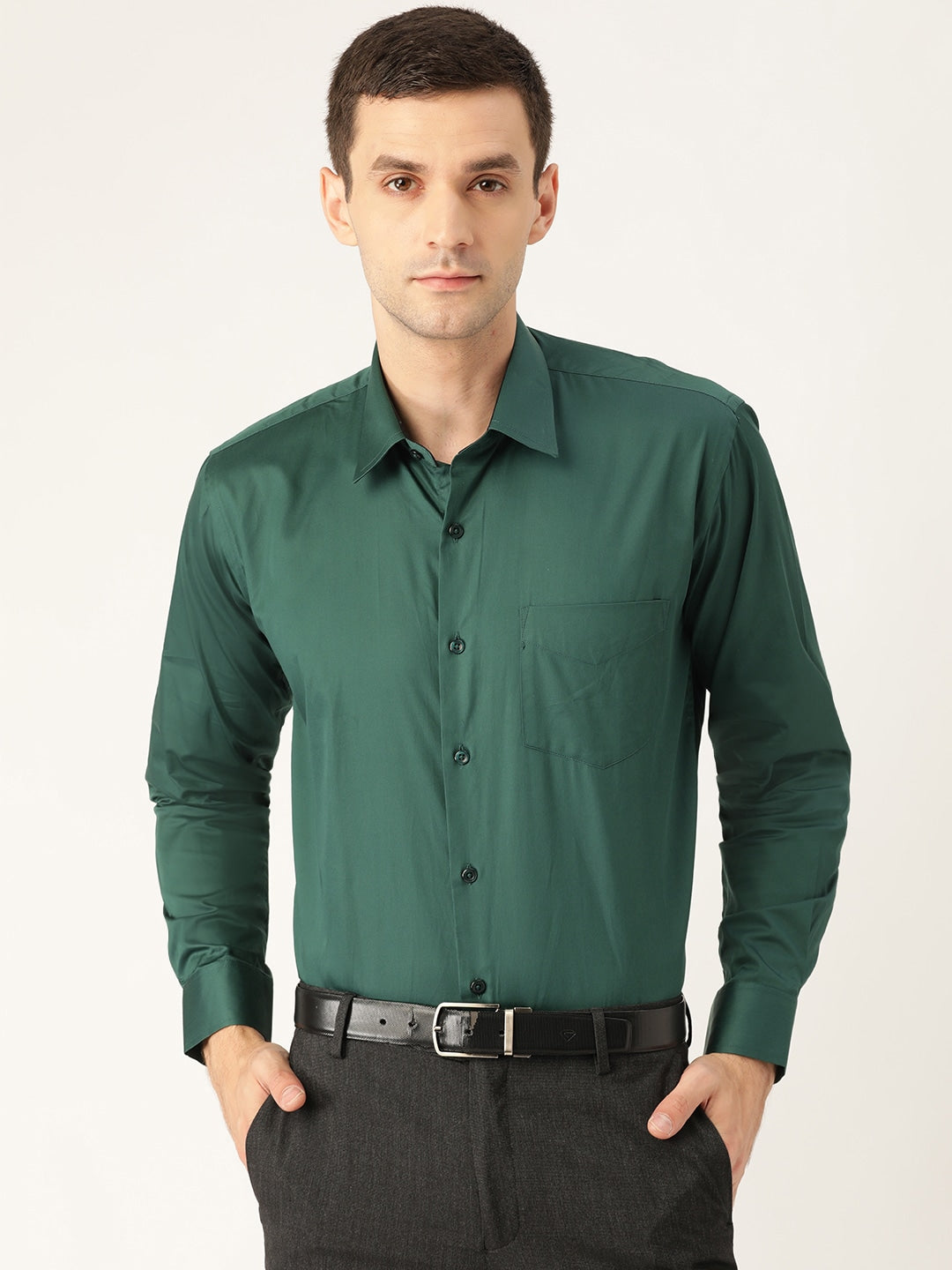 Men Bottle Green Solids Pure Cotton Slim Fit Formal Shirt