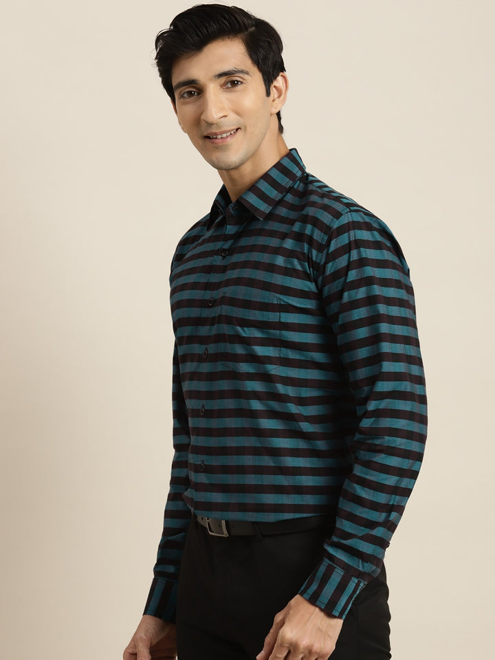 Men Turquoise & Black Horizontal Striped Pure Cotton Slim Fit Formal Shirt