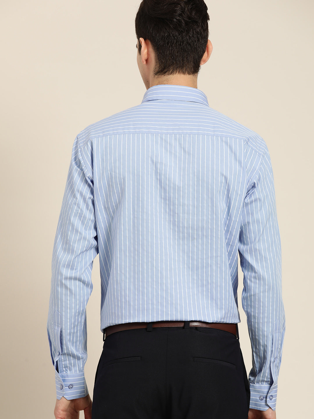Men Blue Pure Cotton Striped Button Down Collar Slim Fit Formal Shirt