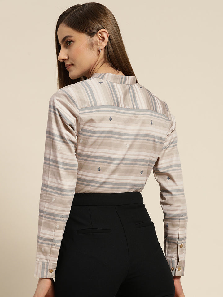 Women Beige & Grey Printed Pure Cotton Slim Fit Formal Shirt
