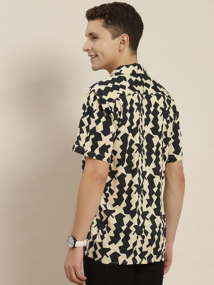 Men Black & Beige Printed Viscose Rayon Regular Fit Casual Resort Shirt