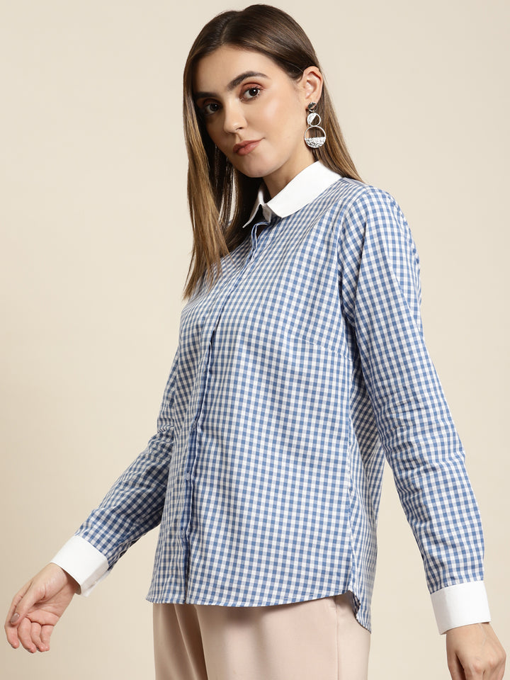 Women Blue & White Checked Pure Cotton Regular Fit Formal Shirt