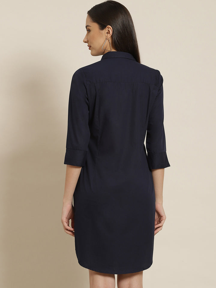 Women Navy Solid Pure Cotton Regular Fit Formal Dress