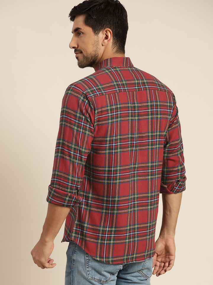 Men Red & Green Checked Pure Cotton Slim Fit Casual Shirt