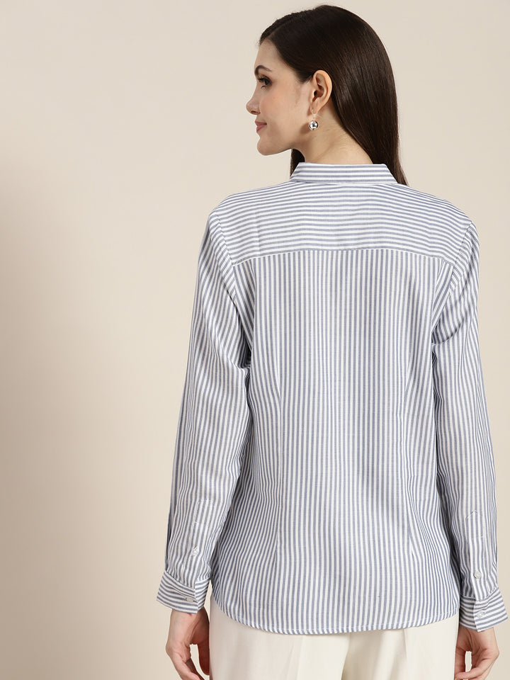 Women Blue & White Striped Pure Cotton Regular Fit Formal Shirt