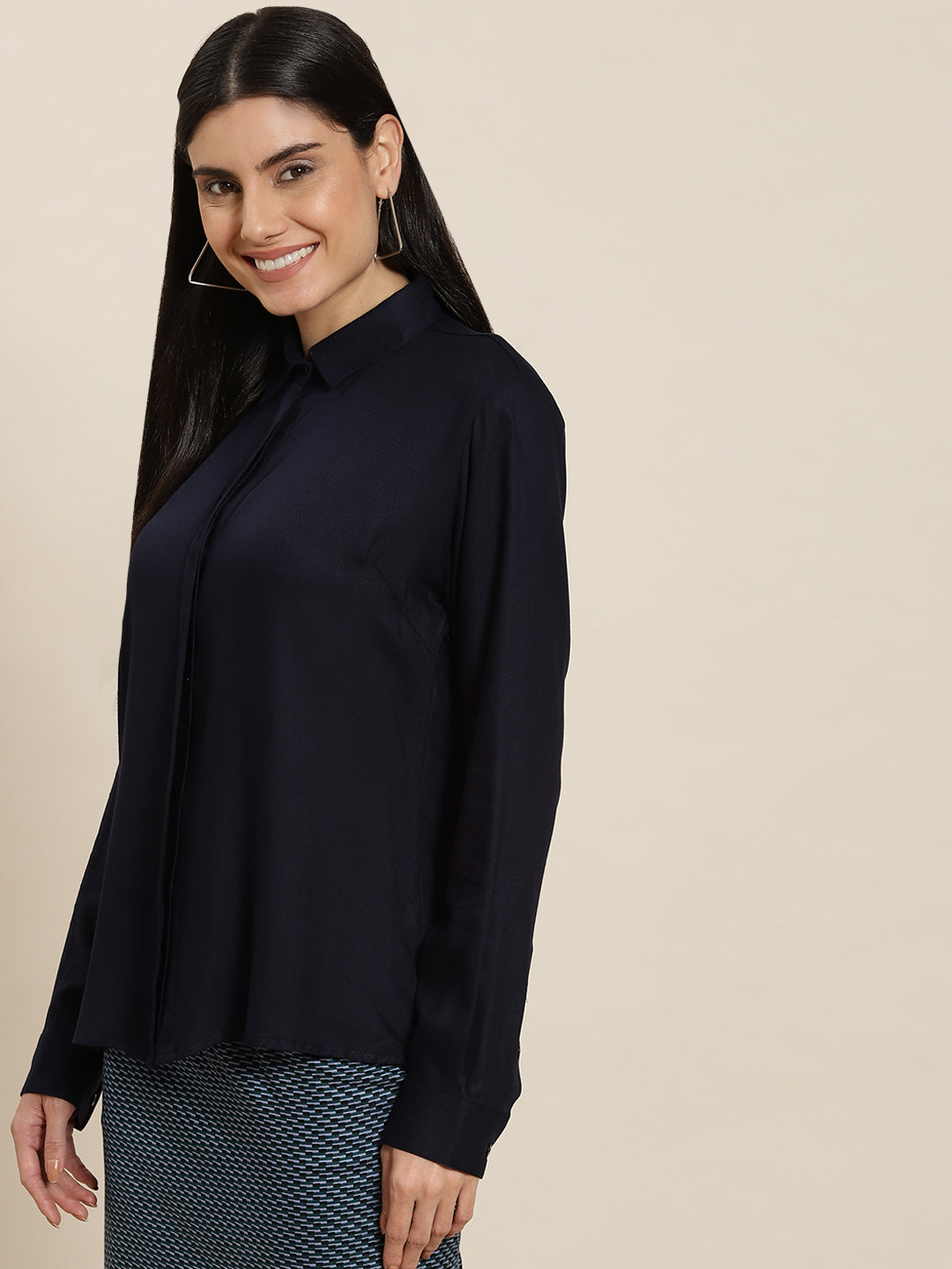 Women Navy Solid Viscose Rayon Regular Fit Formal Shirt