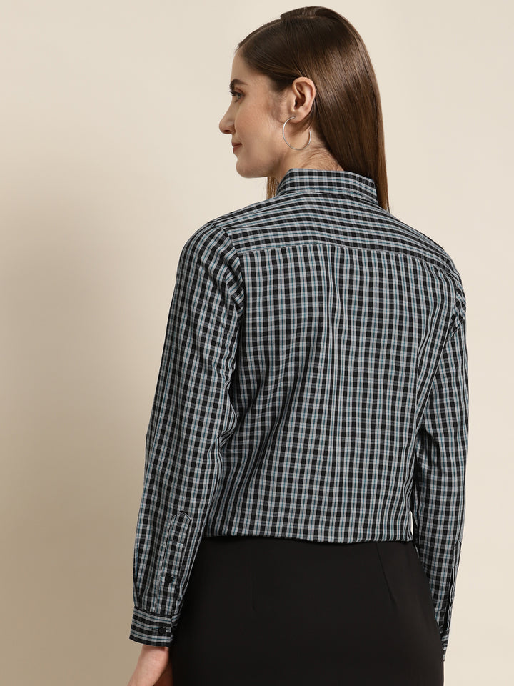 Women Black & Grey Checked Pure Cotton Slim Fit Formal Shirt