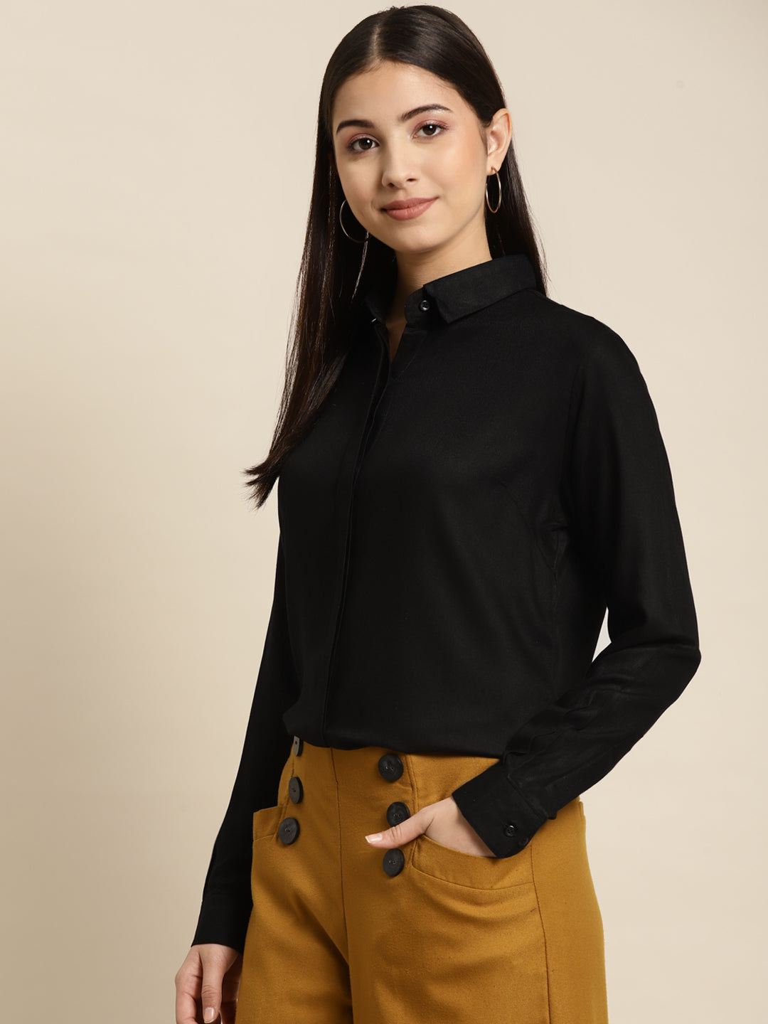 Women Black Solid Viscose Rayon Regular Fit Formal Shirt