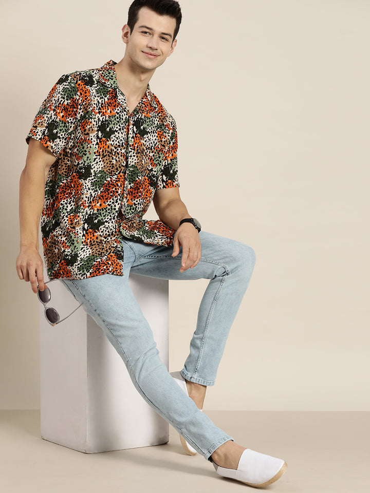 Men Mustard & Green Prints Viscose Rayon Relaxed Fit Casual Resort shirt