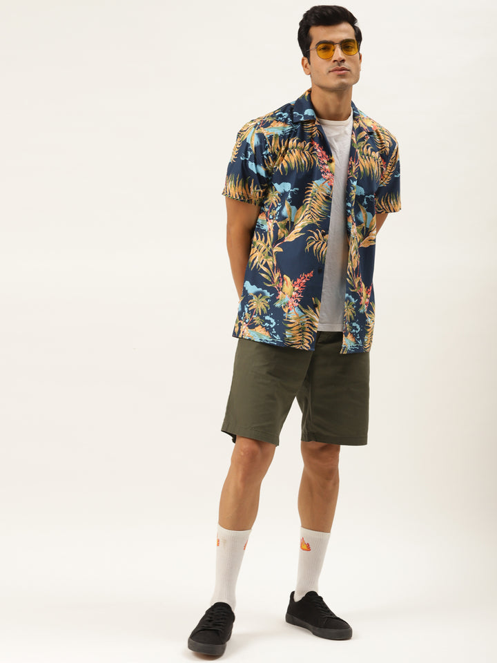 Men Navy & Yellow Printed Viscose Rayon Relaxed Fit Casual Resort Shirt
