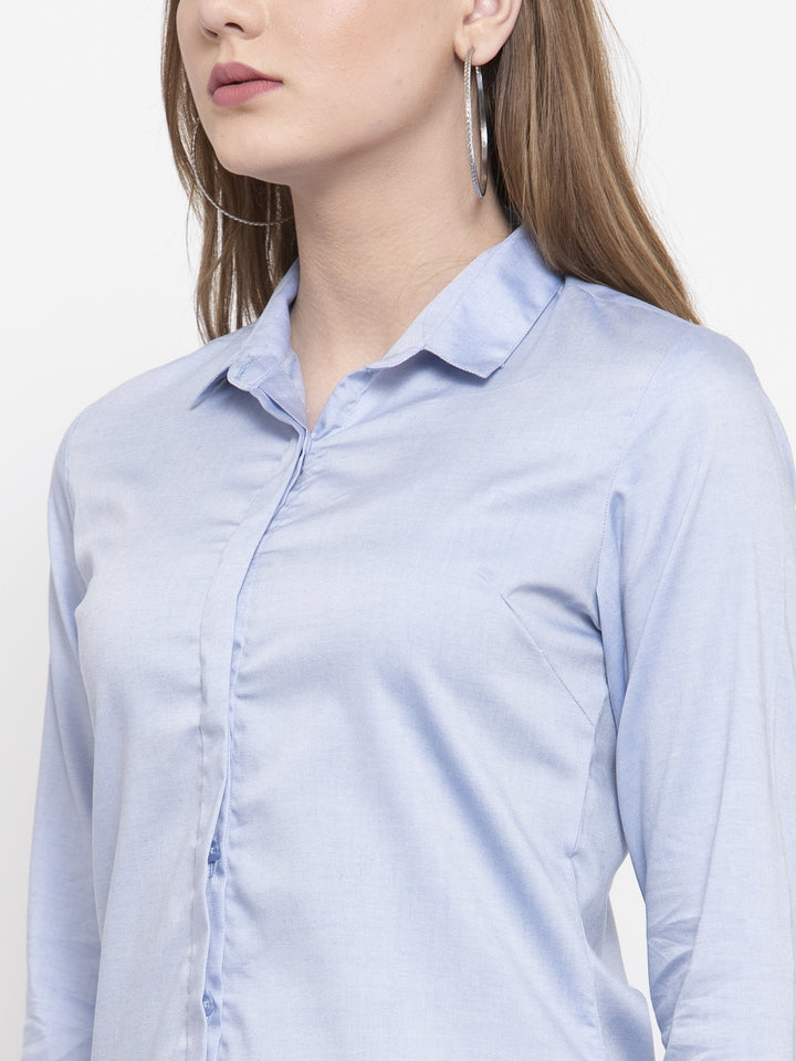 Women Blue Pure Cotton Solid Slim Fit Formal Shirt