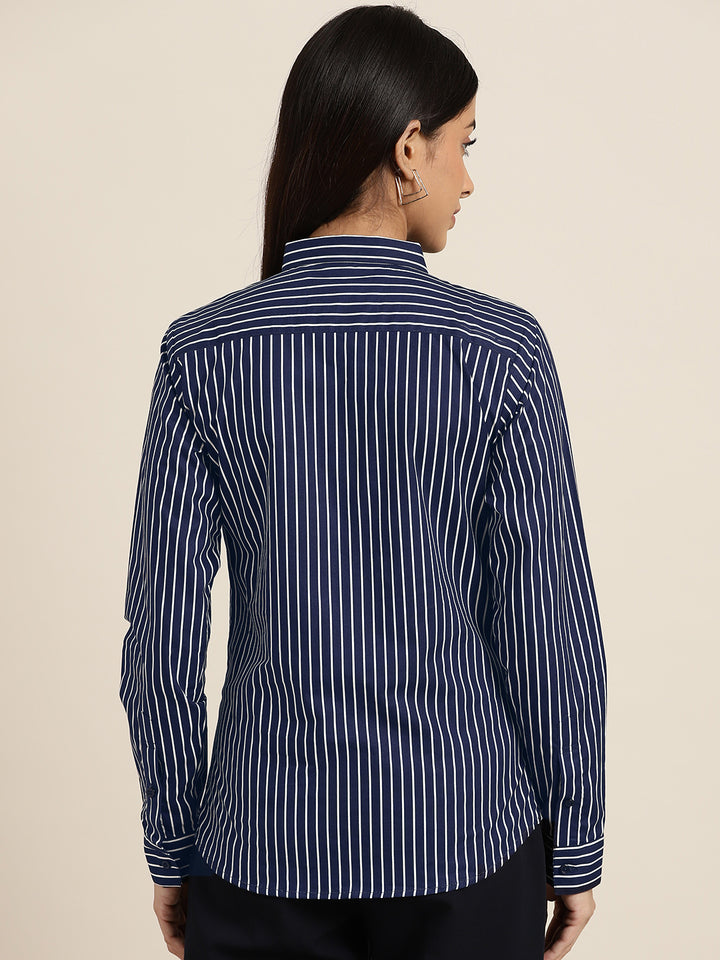 Women Navy Stripes Pure Cotton Slim Fit Formal Shirt