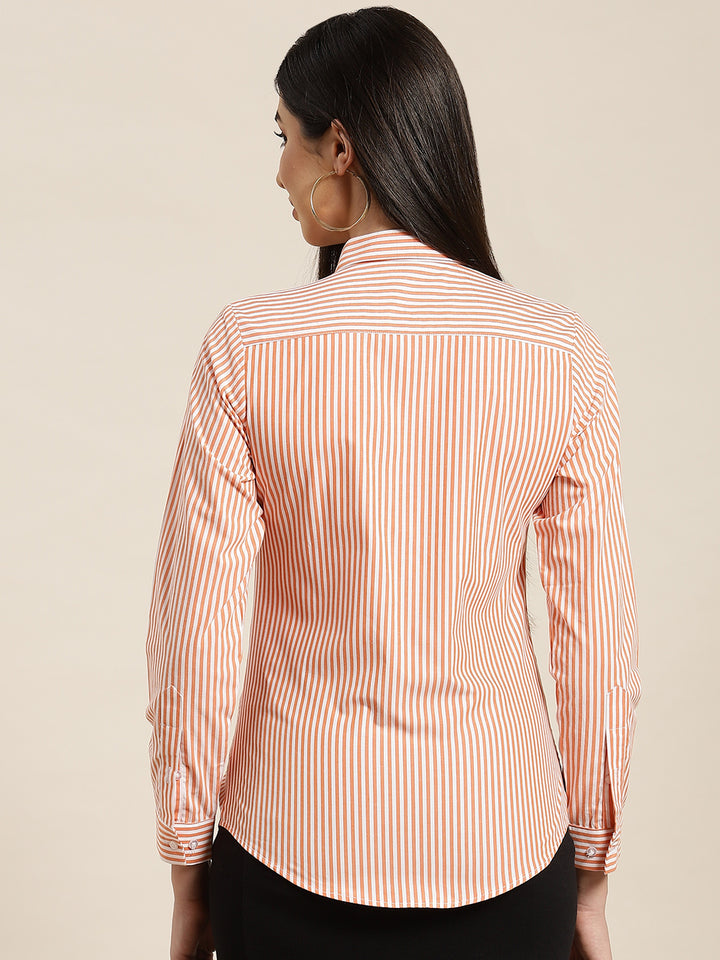 Women Orange & White Stripes Pure Cotton Slim Fit Formal Shirt