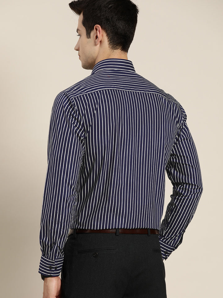 Men Navy Stripes Pure Cotton Slim Fit Formal Shirt