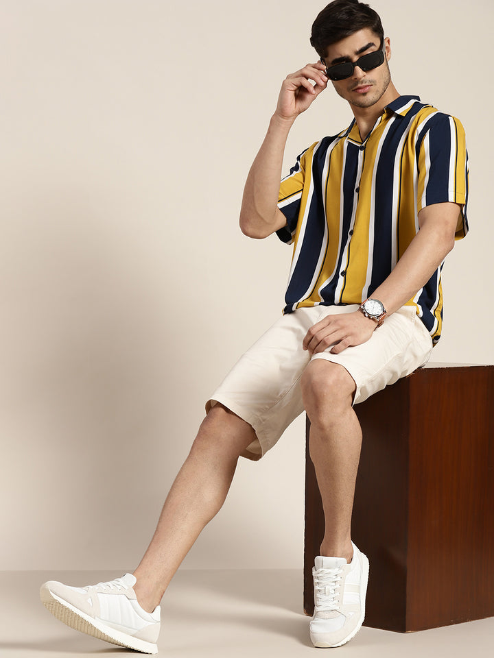 Men Navy & Mustard Striped Viscose Rayon Relaxed Fit Casual Resort Shirt