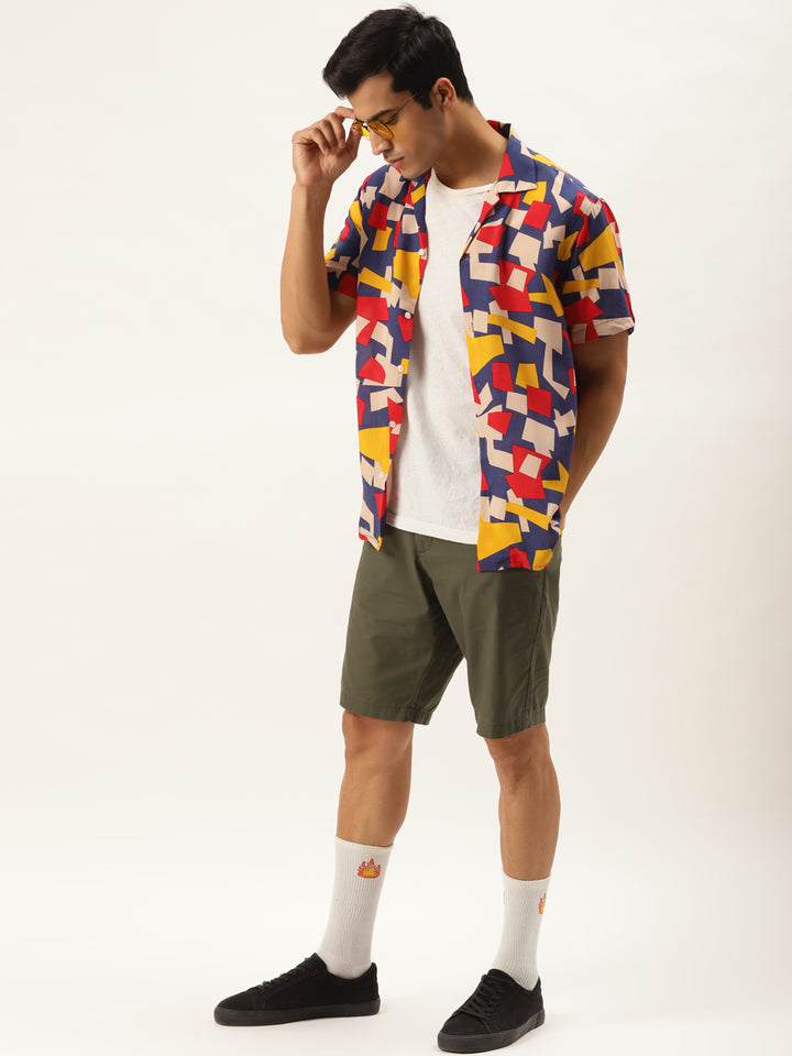 Men Red & Blue Printed Viscose Rayon Relaxed Fit Casual Resort Shirt