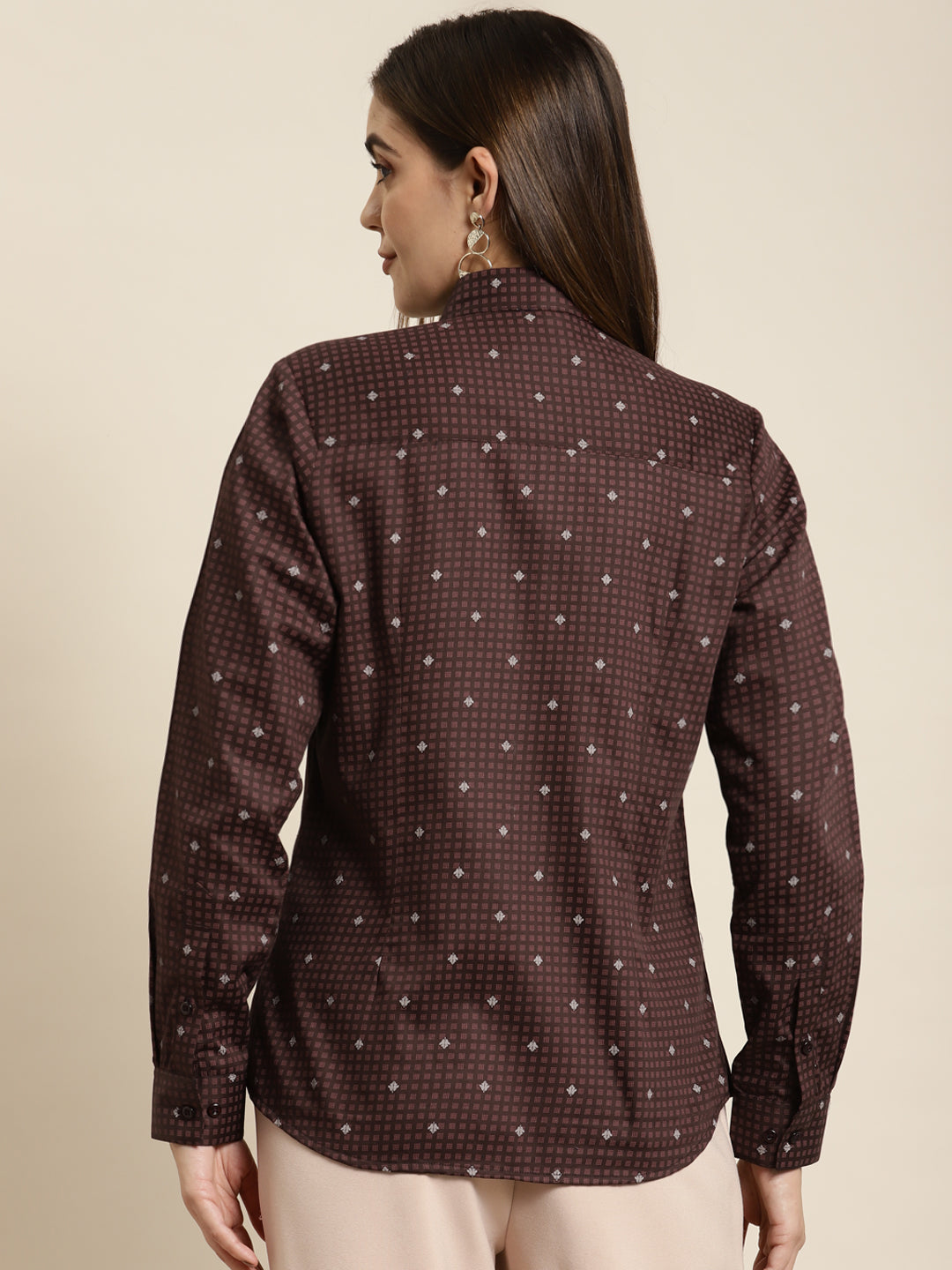 Women Burgundy Printed Pure Cotton Satin Regular Fit Formal Shirt