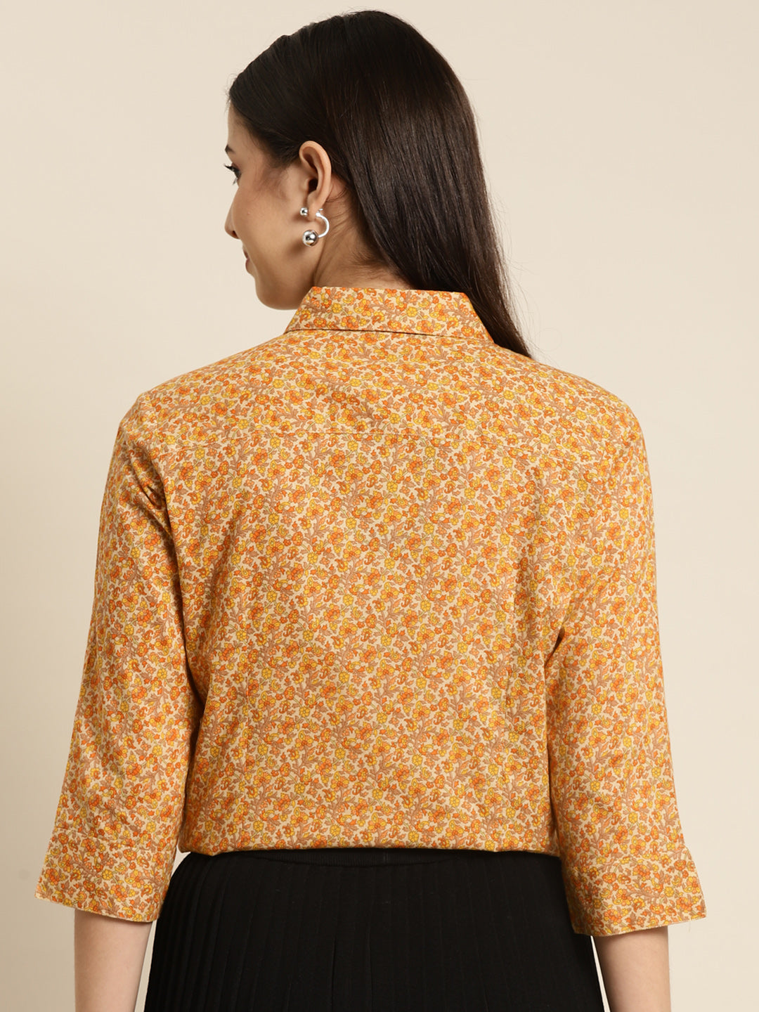Women Beige & Yellow Printed Pure Cotton Regular Fit Formal Shirt