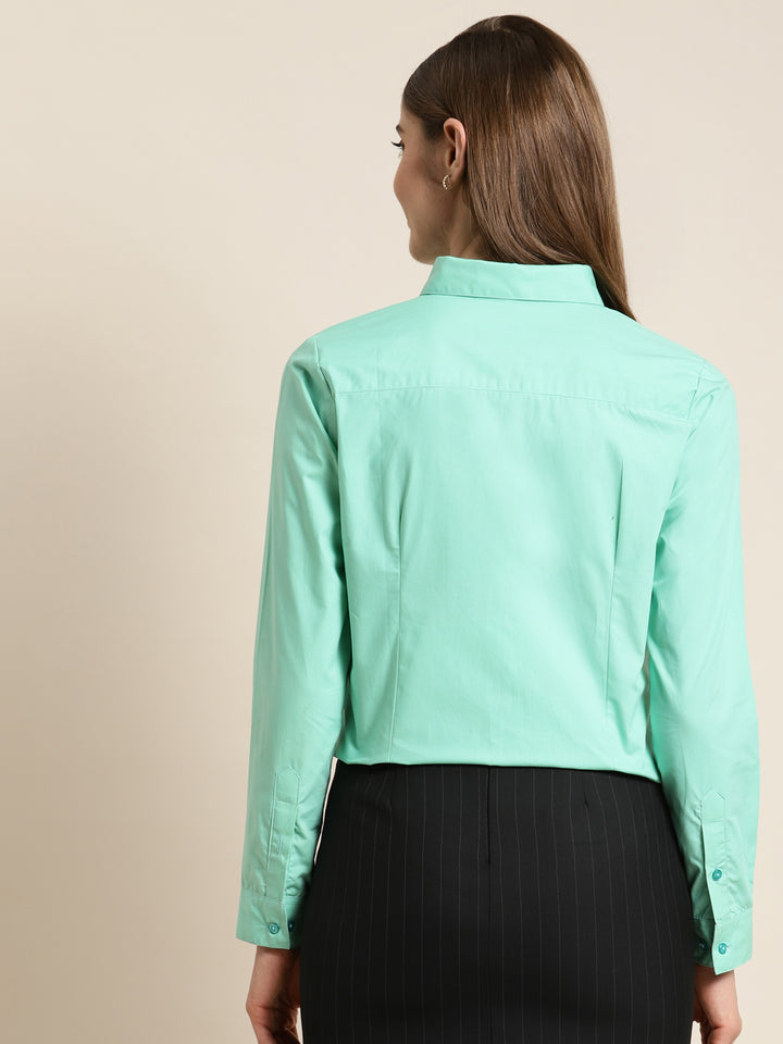 Women Mint Green Solid Pure Cotton Regular Fit Formal Shirt
