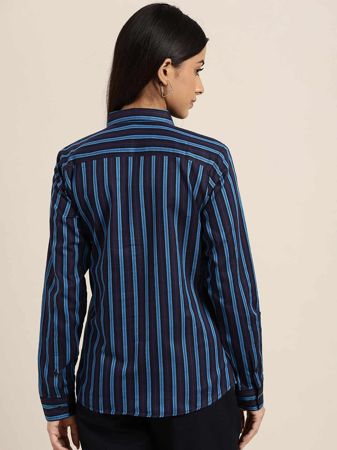 Women Navy & Blue Stripes Pure Cotton Slim Fit Formal Shirt
