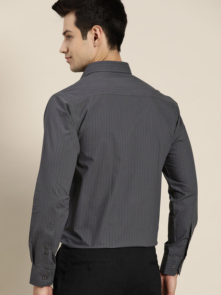 Men Dark grey Stripes Pure Cotton Slim Fit Formal Shirt