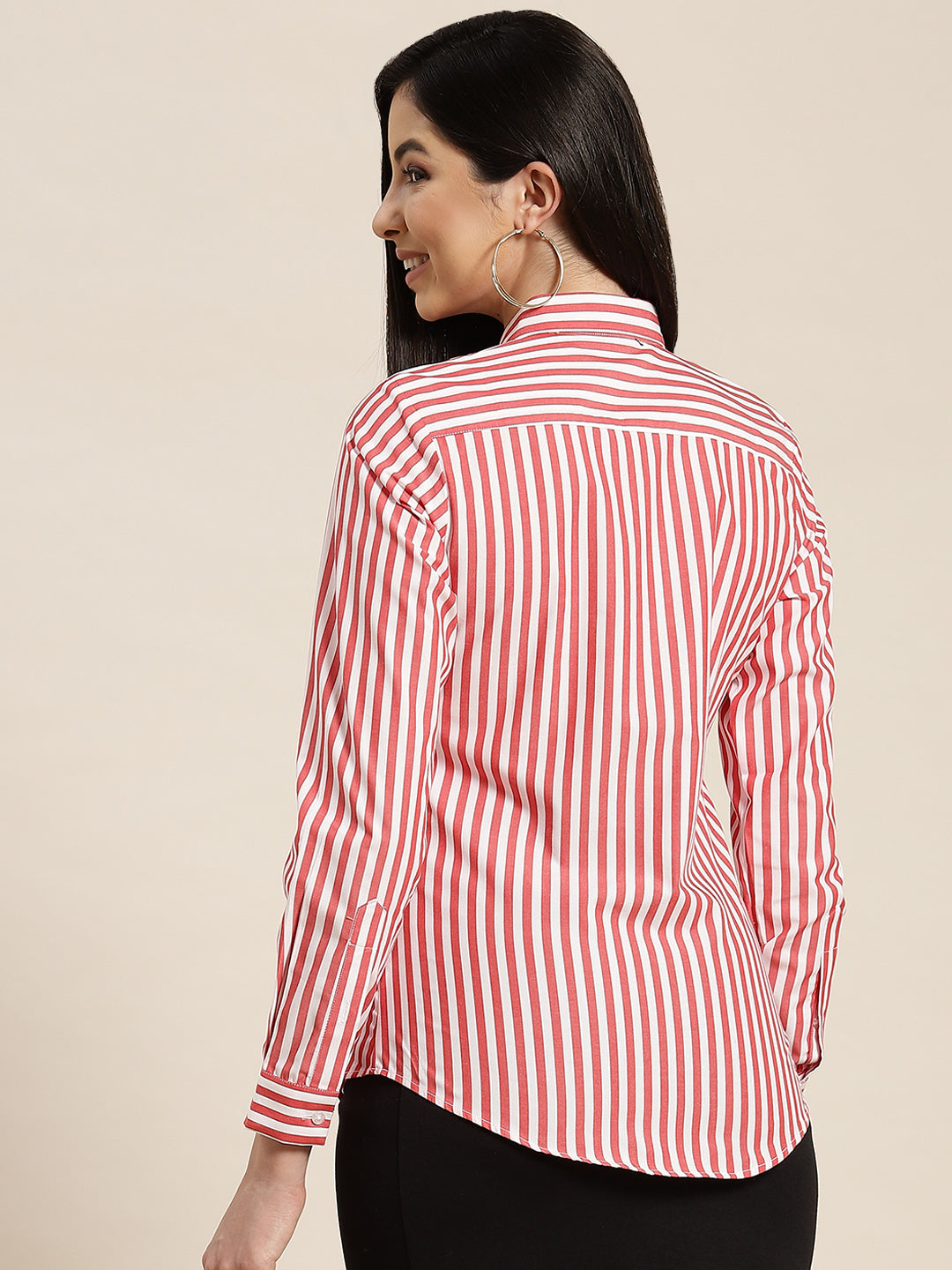 Women Red & White Stripes Pure Cotton Slim Fit Formal Shirt