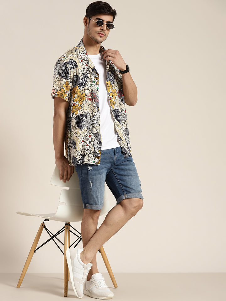 Men Mustard & Navy Printed Viscose Rayon Relaxed Fit Casual Resort Shirt
