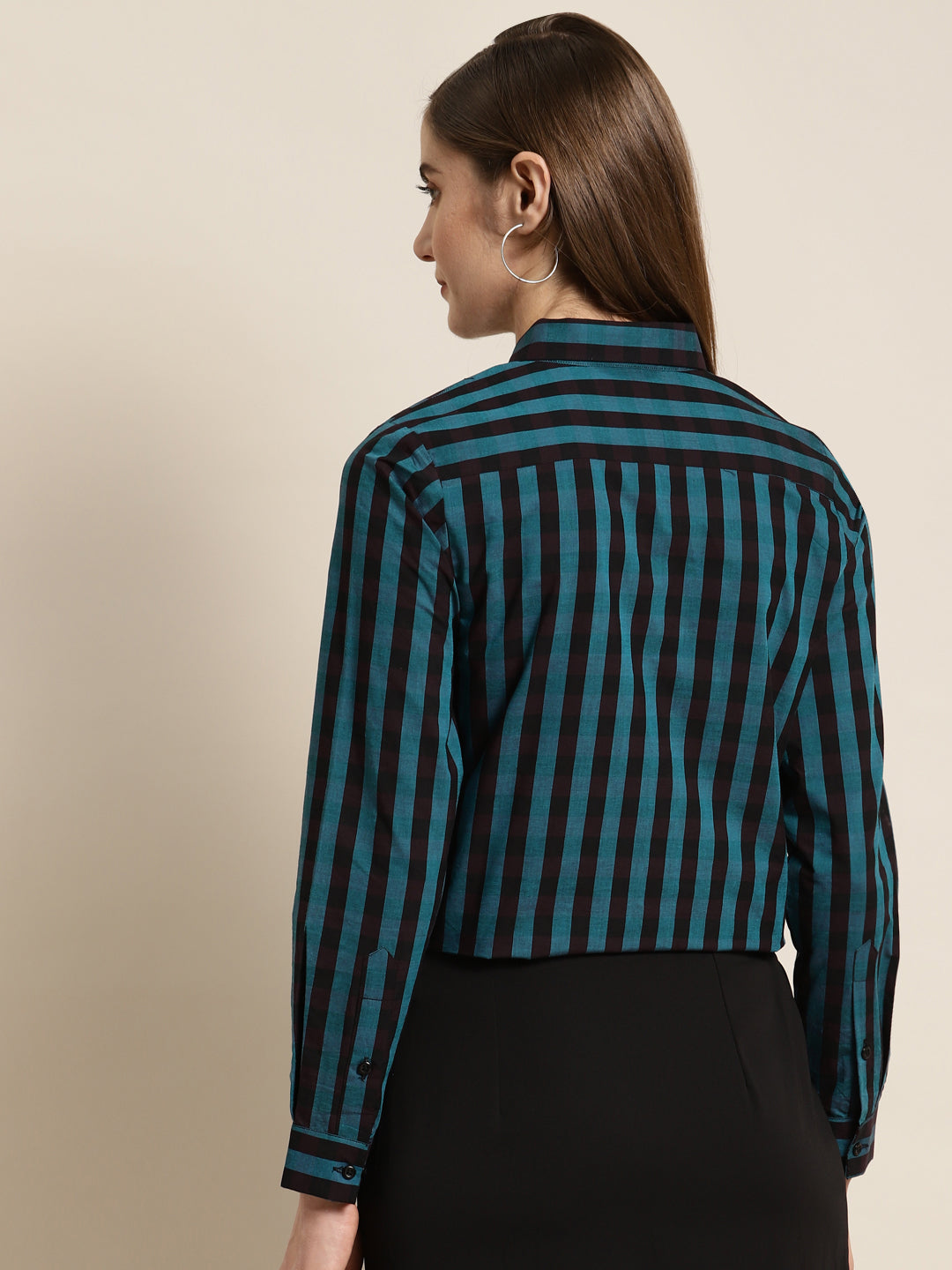 Women Black & Turquoise Blue Striped Pure Cotton Slim Fit Formal Shirt