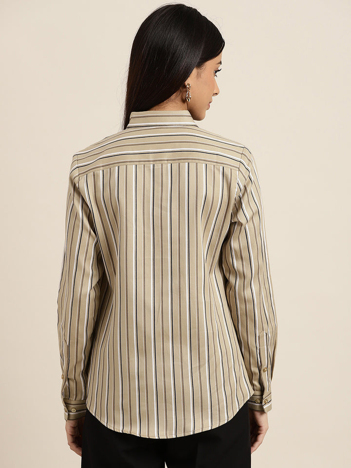 Women Beige Stripes Pure Cotton Slim Fit Formal Shirt