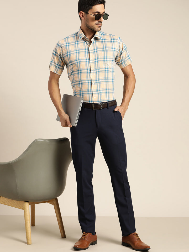 Men Peach & Blue Checked Pure Cotton Slim Fit Formal Shirt